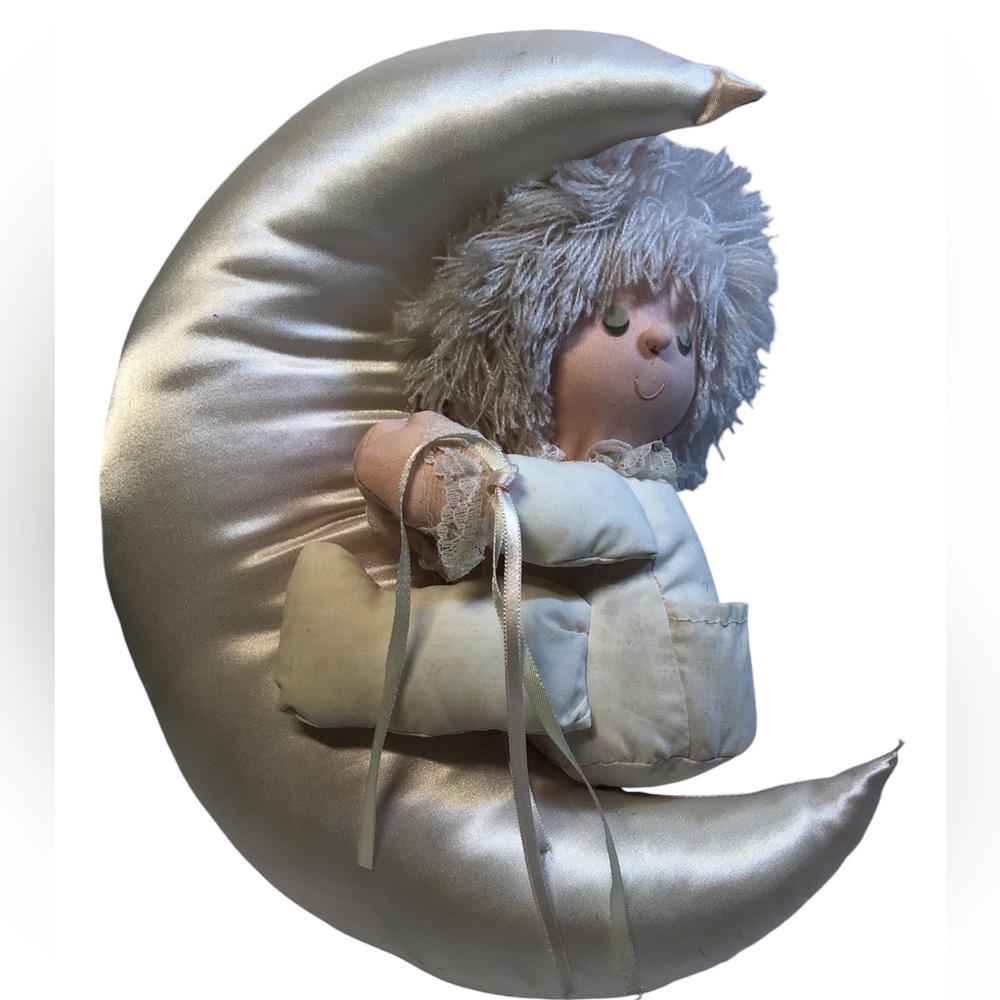 Vintage Doll Sitting Laying MOON STUFFED PLUSH Baby nursery Room Decor cream pnk